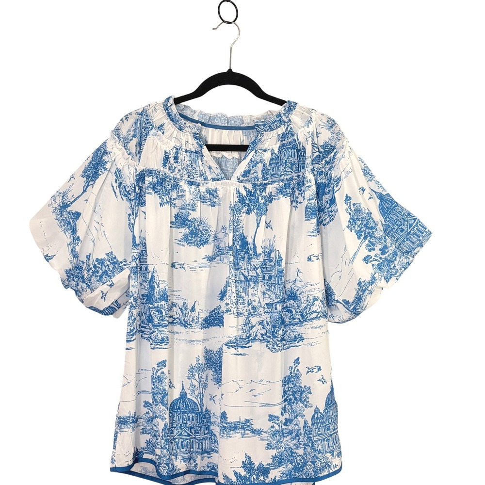 NEW Women Toile Cotton Blouse 3XL Puff Sleeve Scenic Coastal Cottage Prairie Top